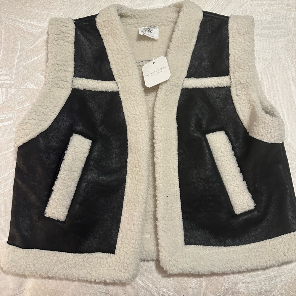 Women’s Black Faux Leather and  White Sherpa Vest